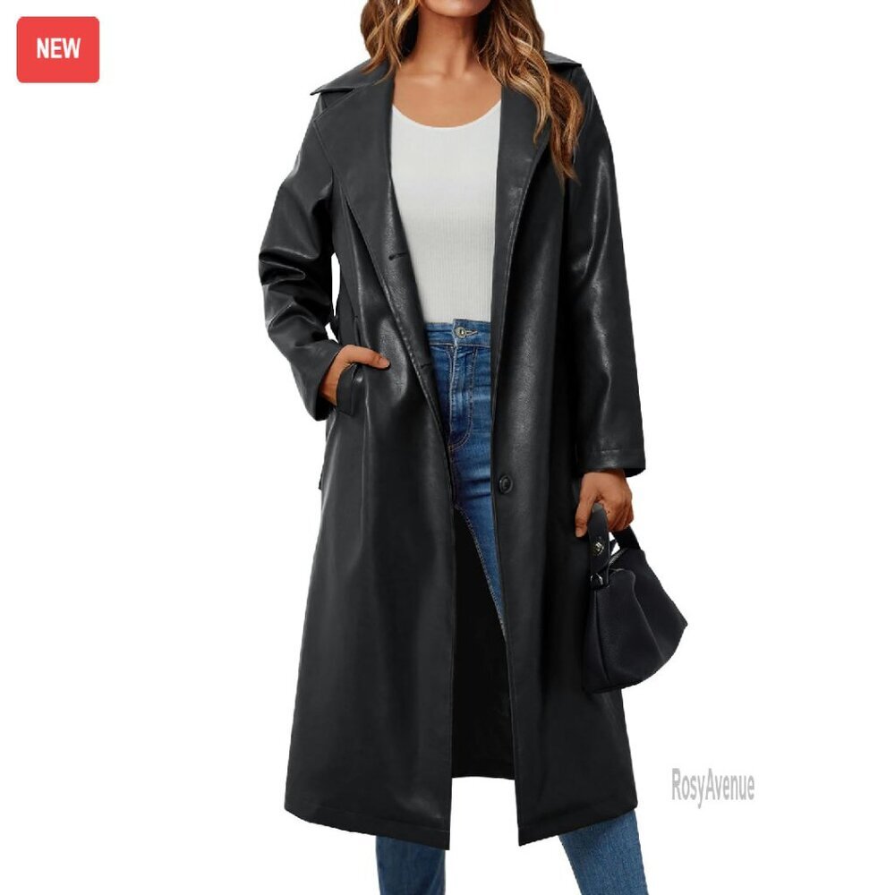 Faux Leather Long Trench Coat With Belt, Knee Length Open Front